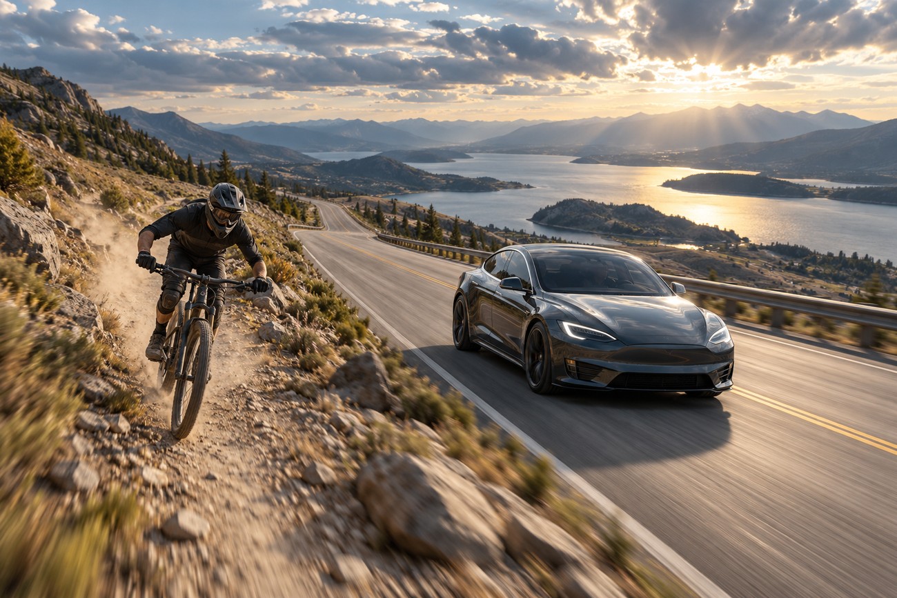 A downhill mountain biker speeds down a dusty dirt trail next to a dark Tesla Model S Plaid driving on a winding mountain road overlooking a lake at sunset