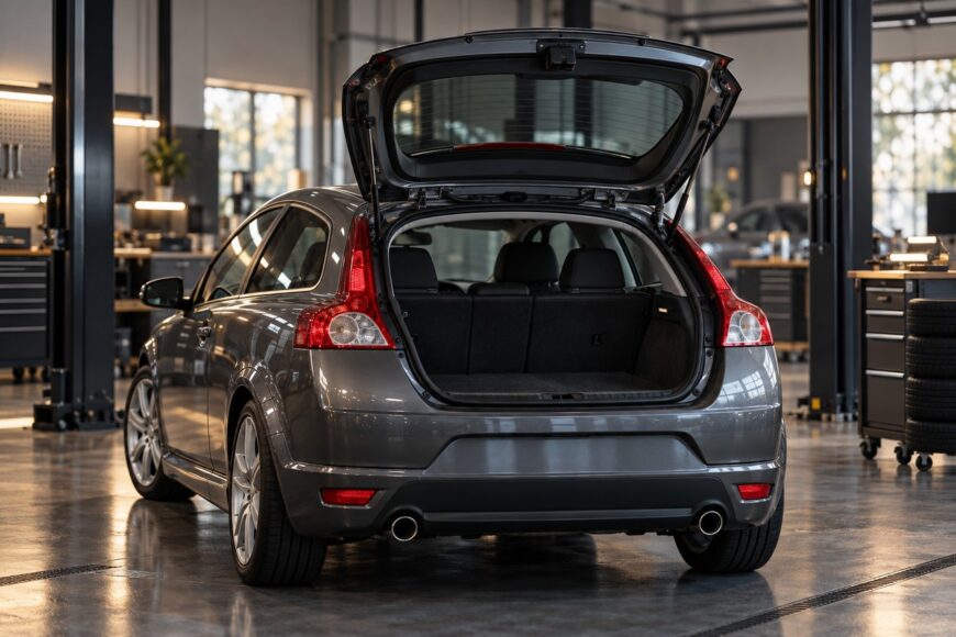 Rear view of a gray Volvo C30 hatchback with its distinctive glass tailgate open inside a modern auto repair garage