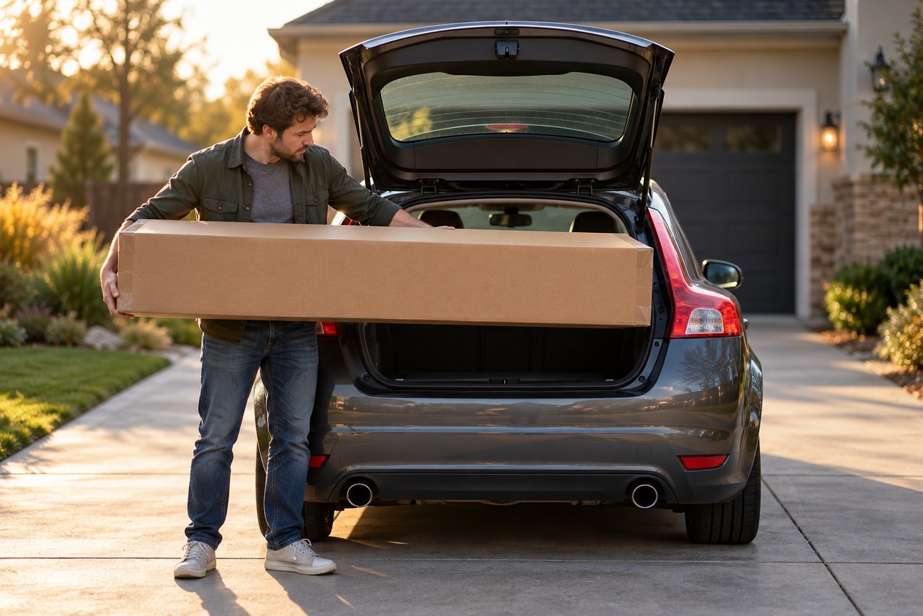 A man loading a long cardboard box into the open glass tailgate of a dark Volvo C30 parked in a driveway