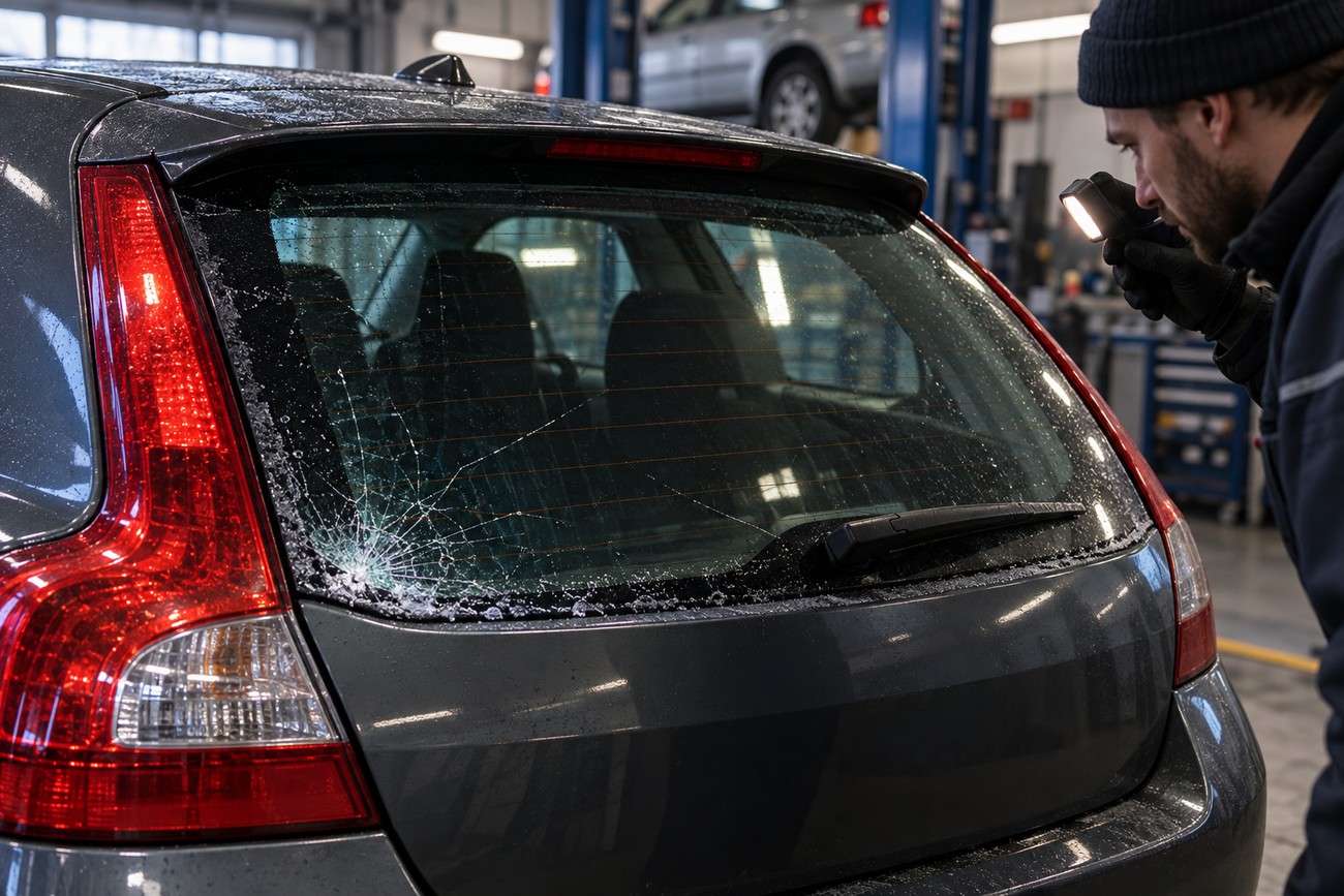 A mechanic in a garage inspects the shattered glass tailgate of a dark Volvo C30 with a flashlight