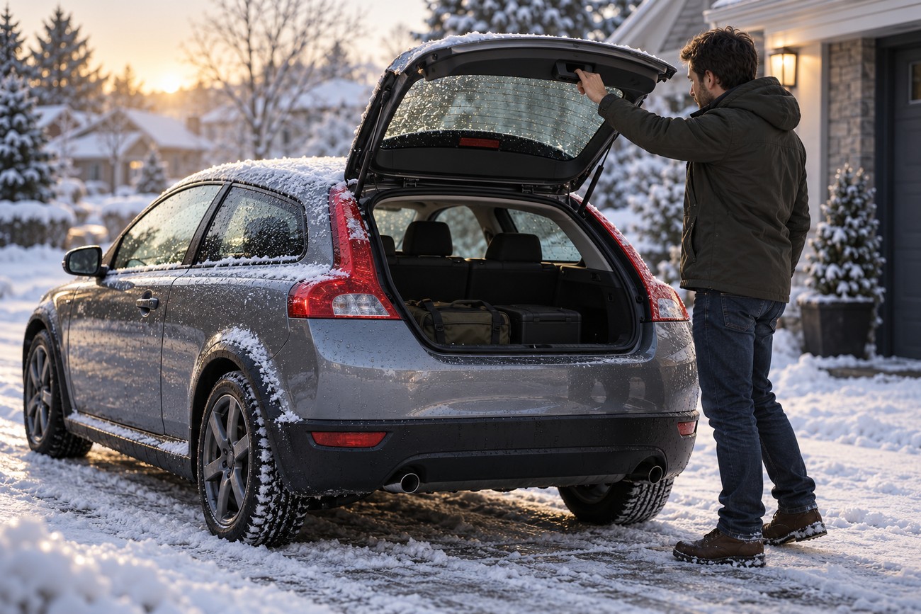 A man in a winter jacket opening the glass tailgate of a snow-covered grey Volvo C30 parked outside a house