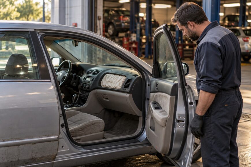 A mechanic in uniform stands by the open door of a silver 2005 Honda Accord inspecting the dashboard airbag module inside a repair shop