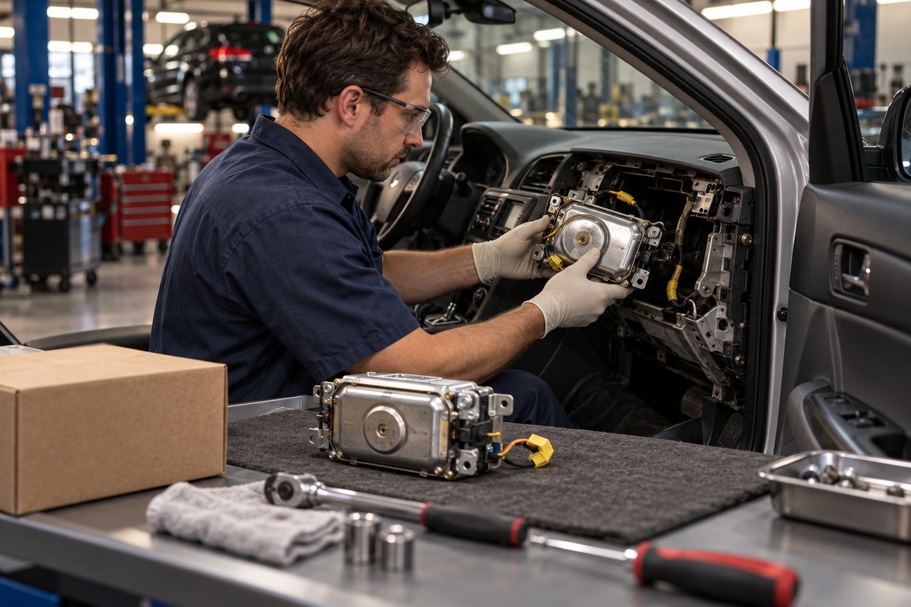 A mechanic in a service uniform installs a replacement airbag module into the dashboard of a car