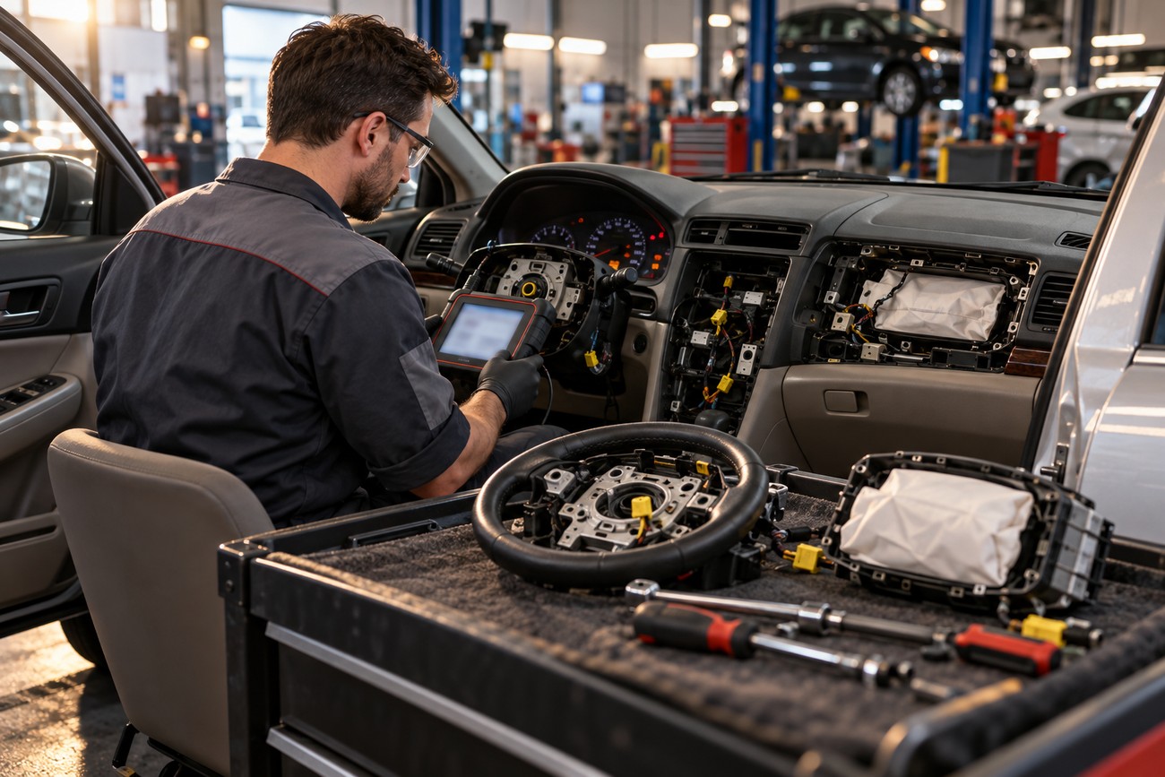A mechanic sitting inside a car cabin using diagnostic equipment while replacing an airbag module