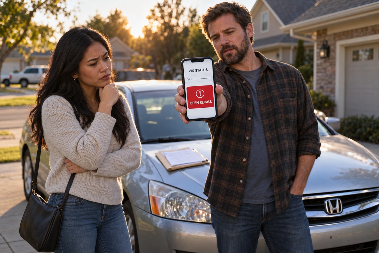 A man holding a smartphone showing an open recall status while a concerned woman looks at it in front of a Honda Accord