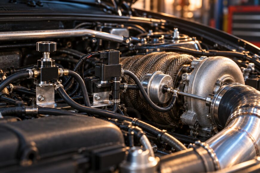 Close-up of a car engine bay featuring manual and electronic boost controllers mounted near the turbocharger