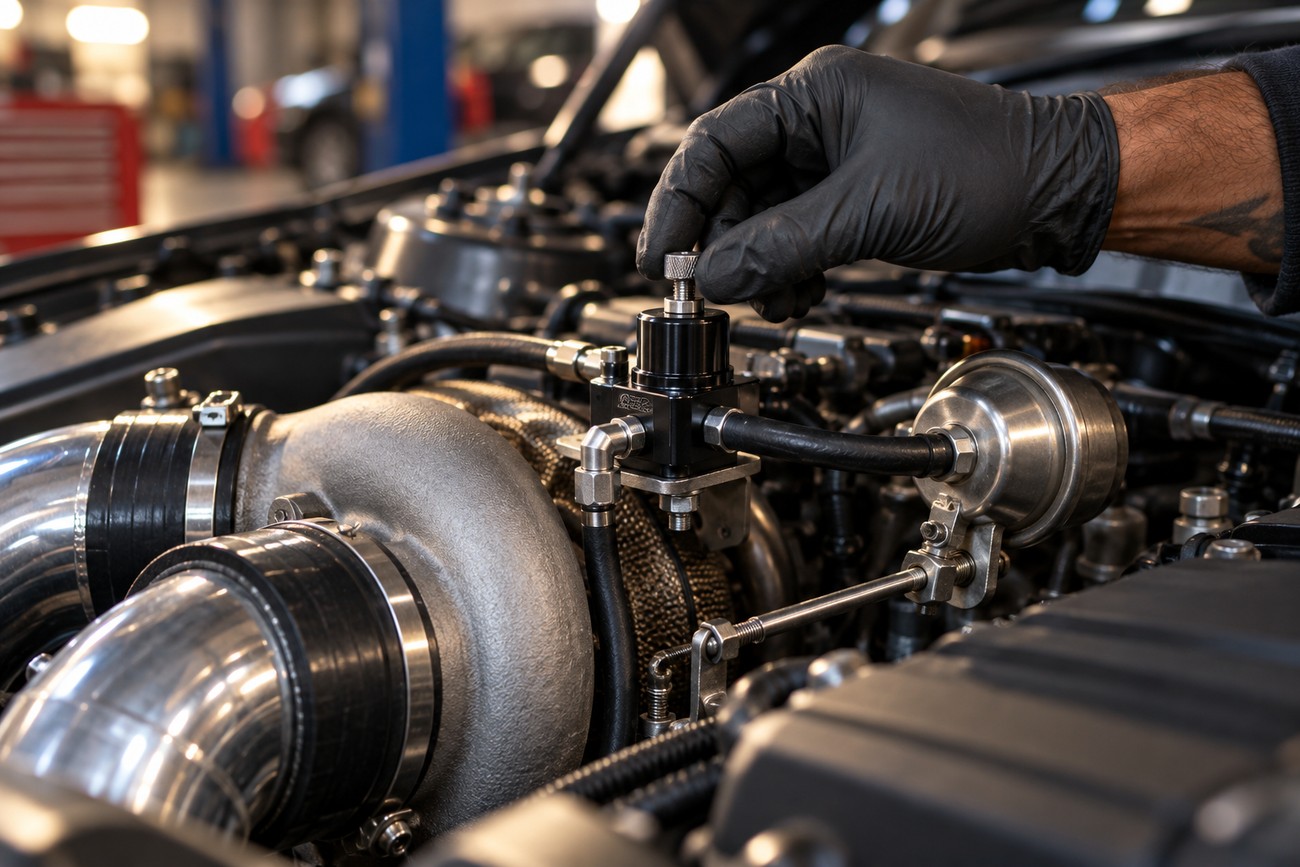 Mechanic wearing a black glove adjusting a manual boost controller mounted in a car engine bay next to a turbocharger