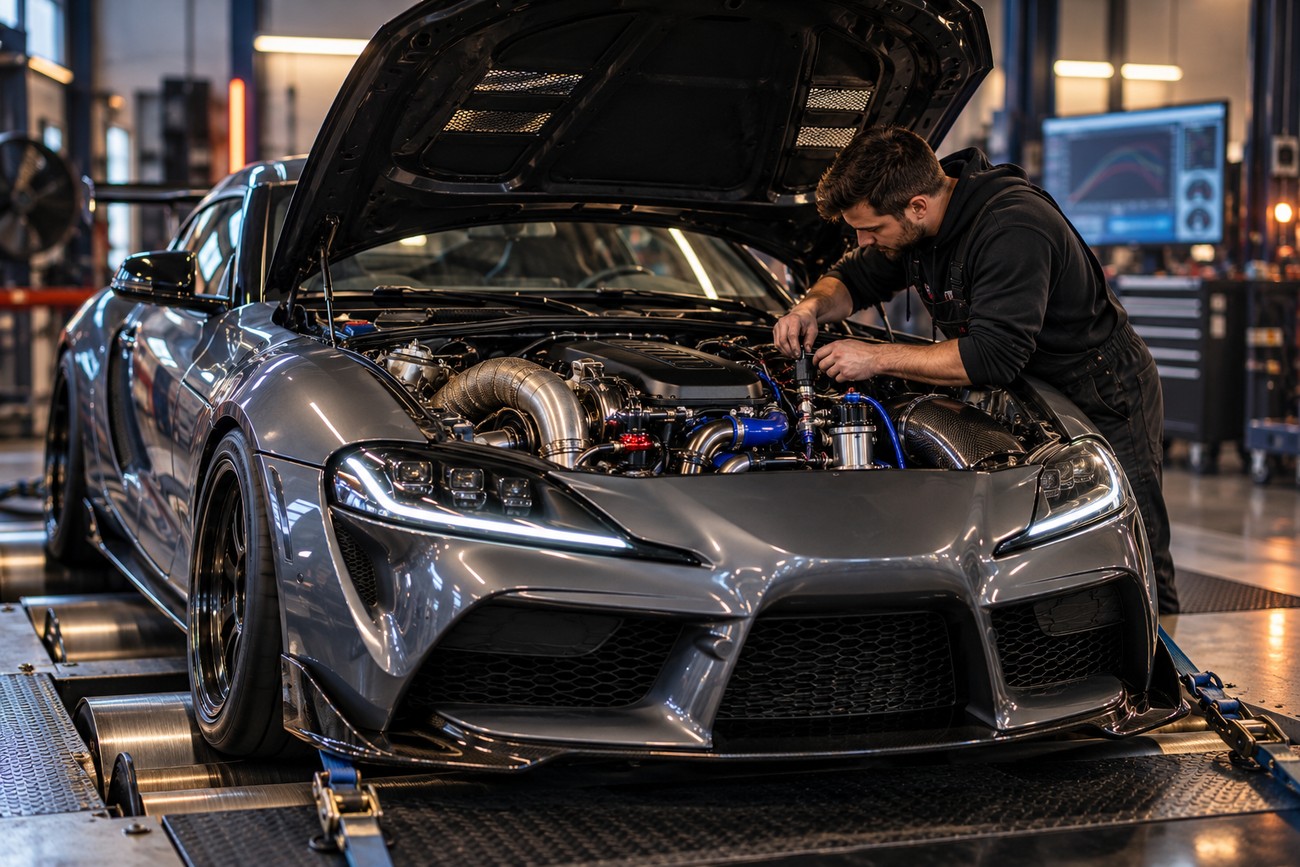A mechanic working on the turbocharger and boost controller system inside the engine bay of a modern sports car