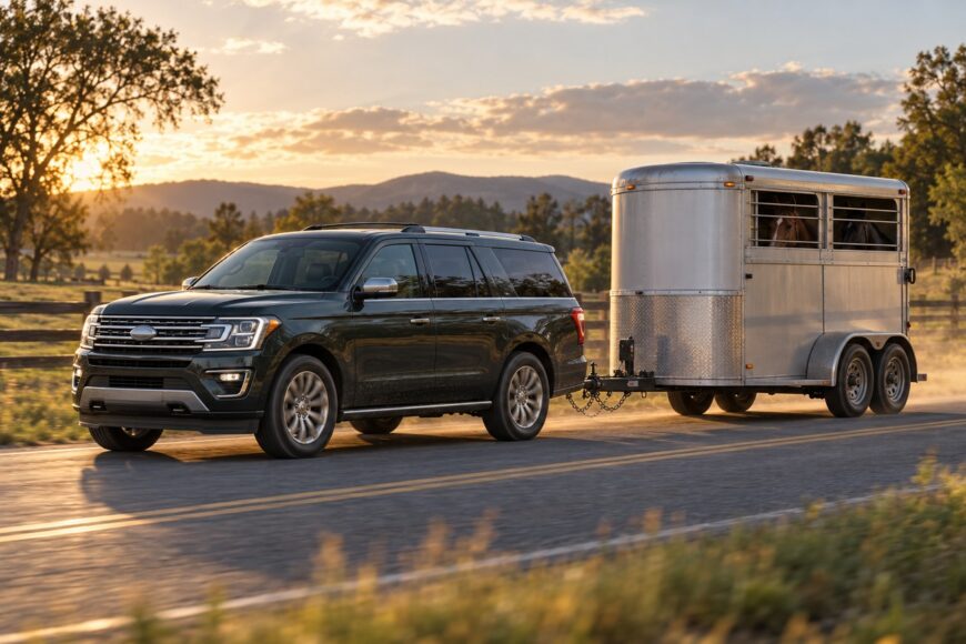 A dark green Ford Expedition towing a silver horse trailer along a scenic country road at sunset