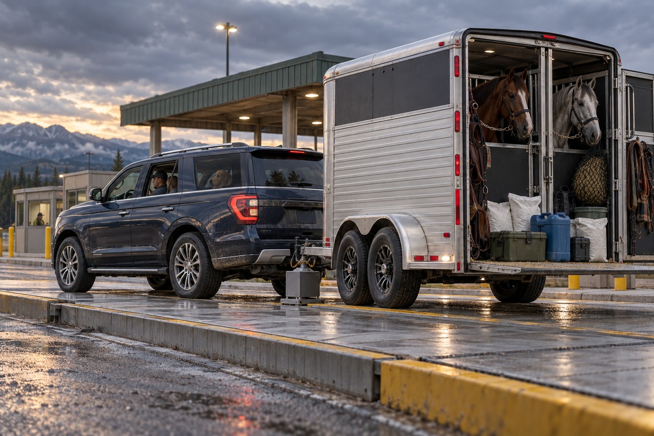 A dark Ford Expedition towing a large horse trailer loaded with two horses at a commercial weigh station