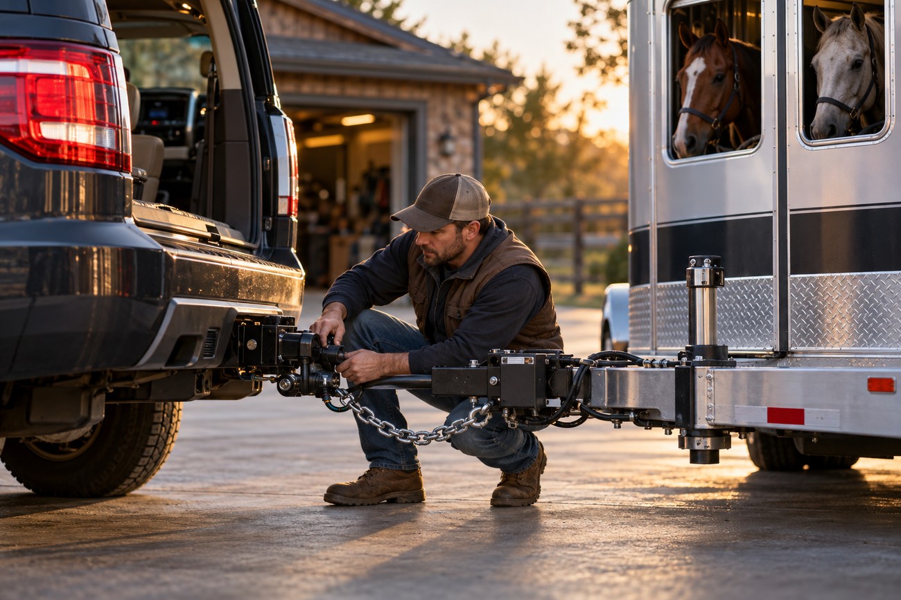 A man connecting a horse trailer with two horses looking out of the windows to a Ford Expedition SUV