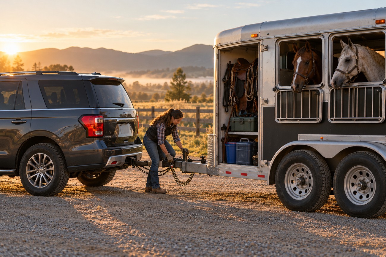A woman secures a hitch connecting a dark Ford Expedition to a trailer carrying two horses during sunrise