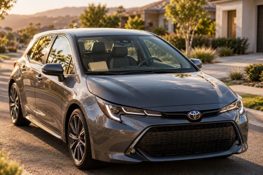 A modern grey Toyota hatchback parked on a residential suburban street during golden hour