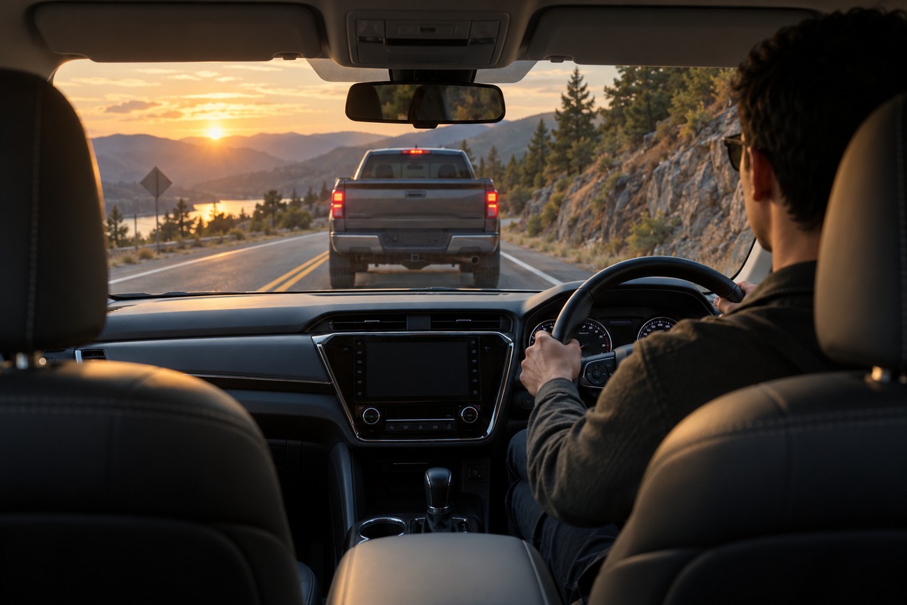 Driver sitting on the right side holding the steering wheel inside a Toyota on a scenic highway at sunset