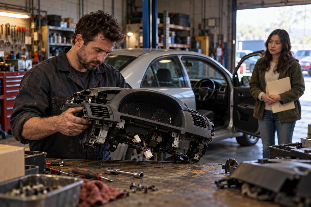 A mechanic in a workshop holding a car dashboard component while a female customer stands nearby