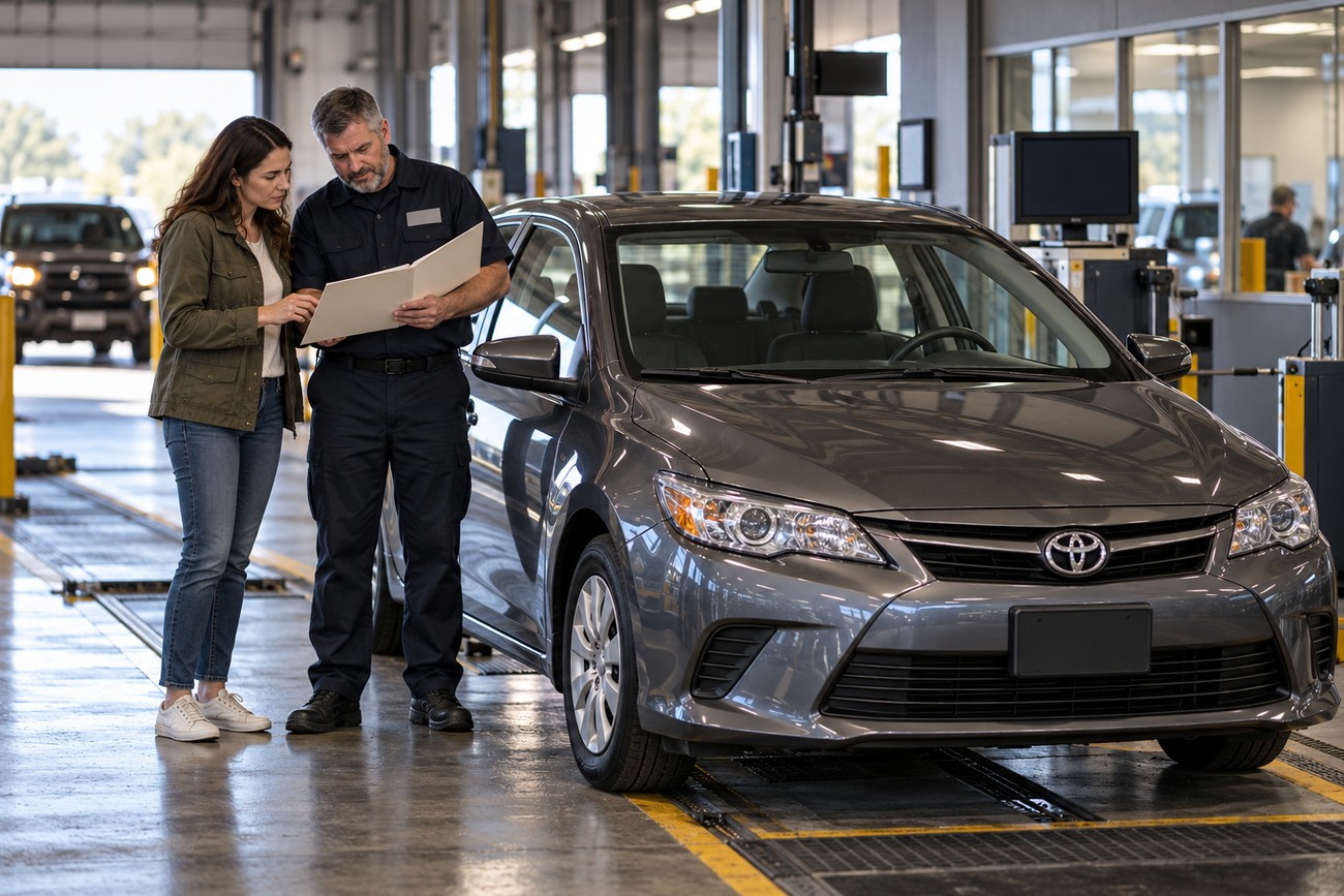 A male mechanic and a female customer reviewing paperwork next to a grey right-hand drive Toyota at a US service station