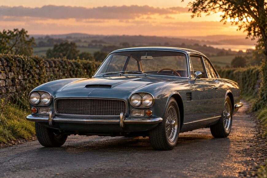 Classic blue Gordon-Keeble GK1 grand tourer parked on a narrow country road during sunset