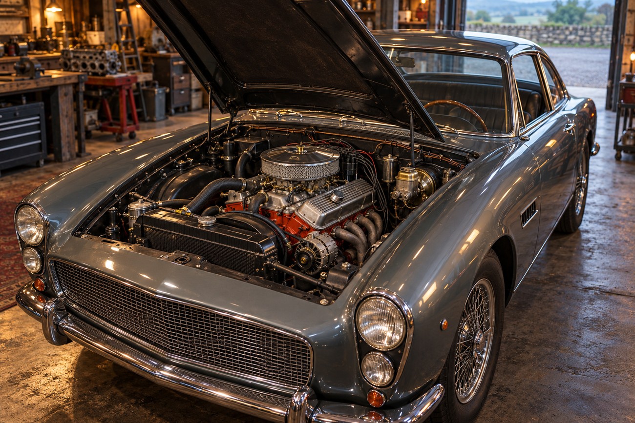 Grey Gordon-Keeble GK1 classic British grand tourer with its hood open showcasing a Corvette V8 engine in a garage