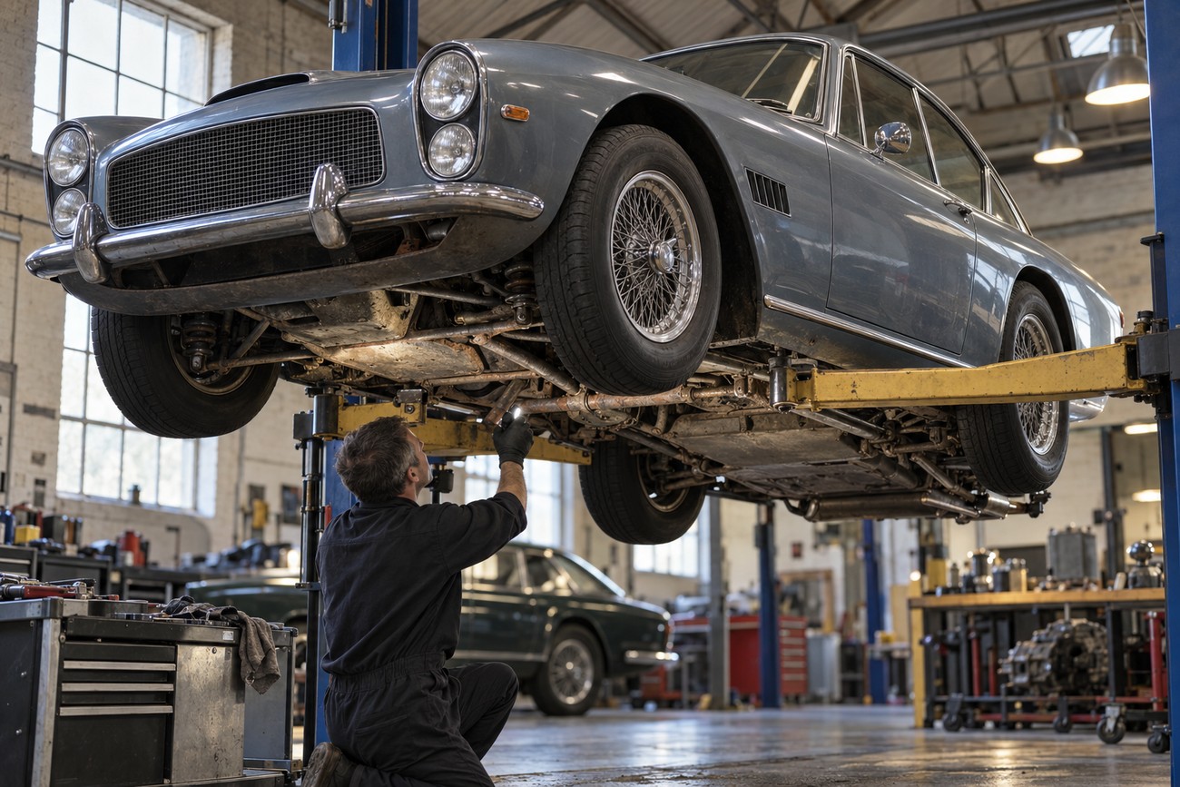 A mechanic in black overalls inspects the undercarriage of a classic grey Gordon-Keeble GK1 lifted on a workshop hoist
