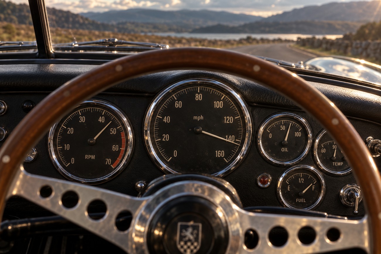 Driver perspective showing the classic wooden steering wheel and round dashboard gauges of a Gordon-Keeble GK1 with a scenic road visible through the windshield