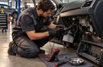 Mechanic wearing gloves testing the wiring connector of a car cabin air blower motor with a multimeter