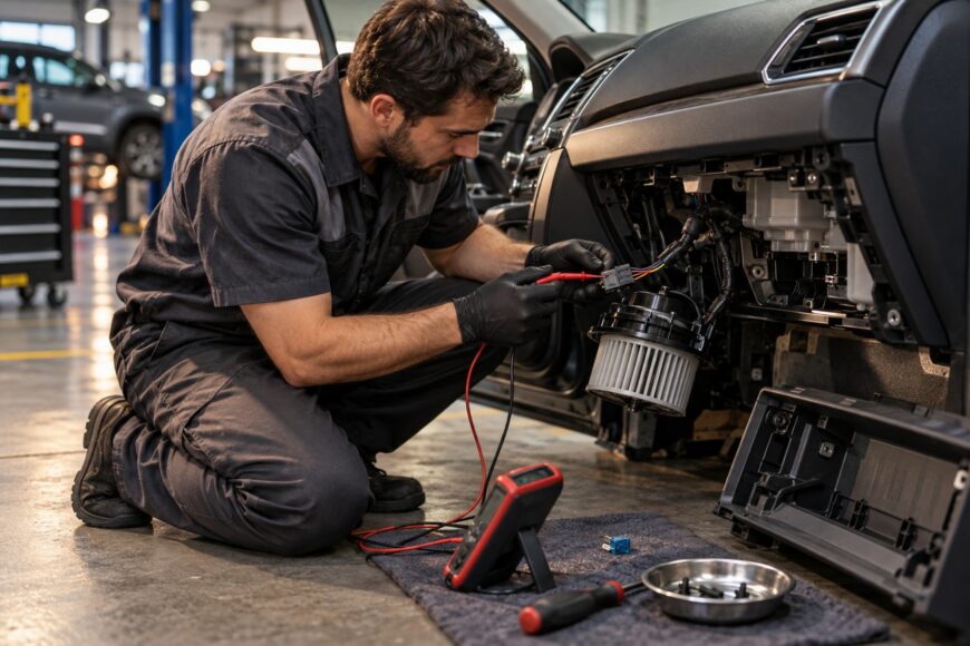 Mechanic wearing gloves testing the wiring connector of a car cabin air blower motor with a multimeter