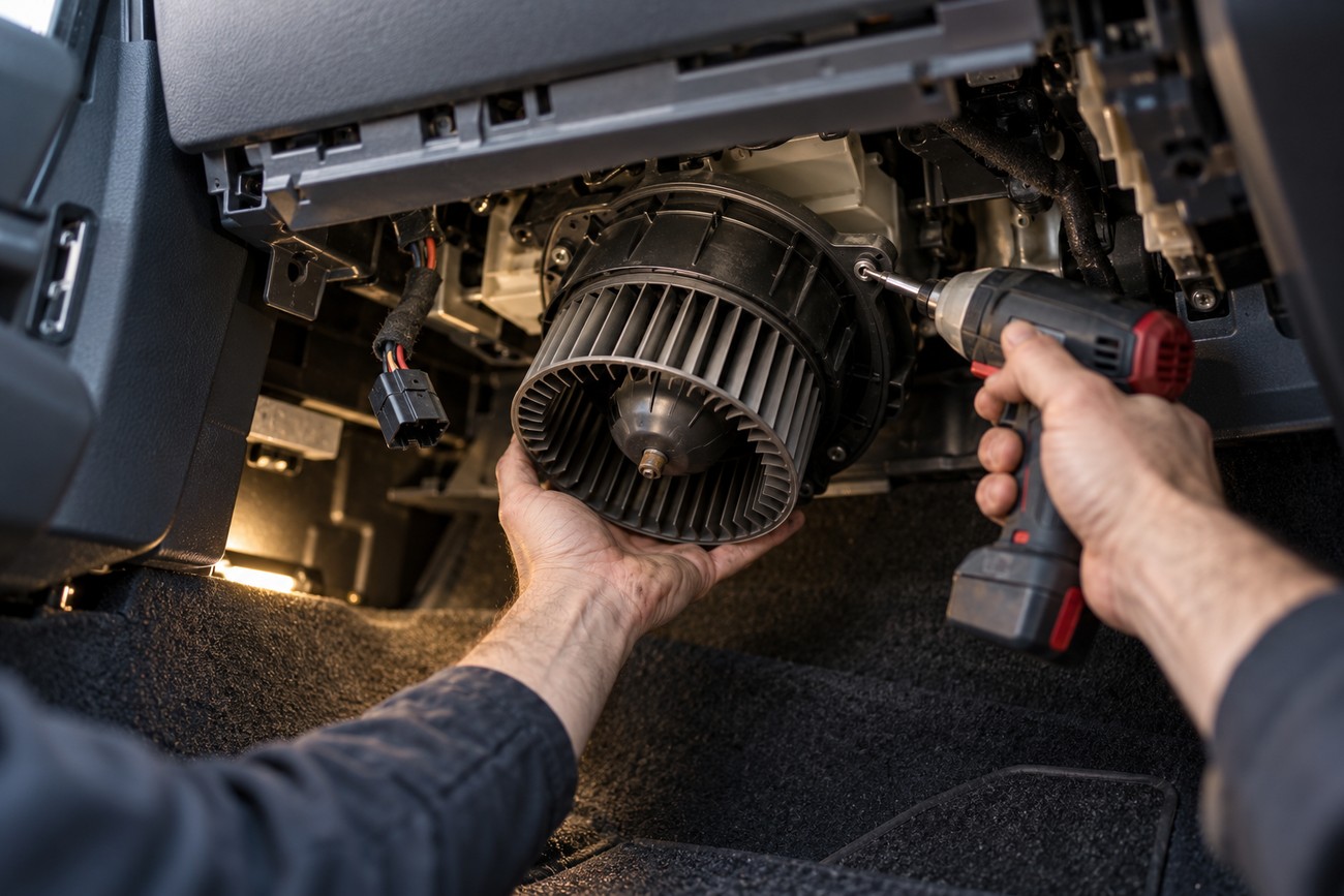 Mechanic holding and unscrewing the cabin air fan motor from underneath the vehicle dashboard using a power tool