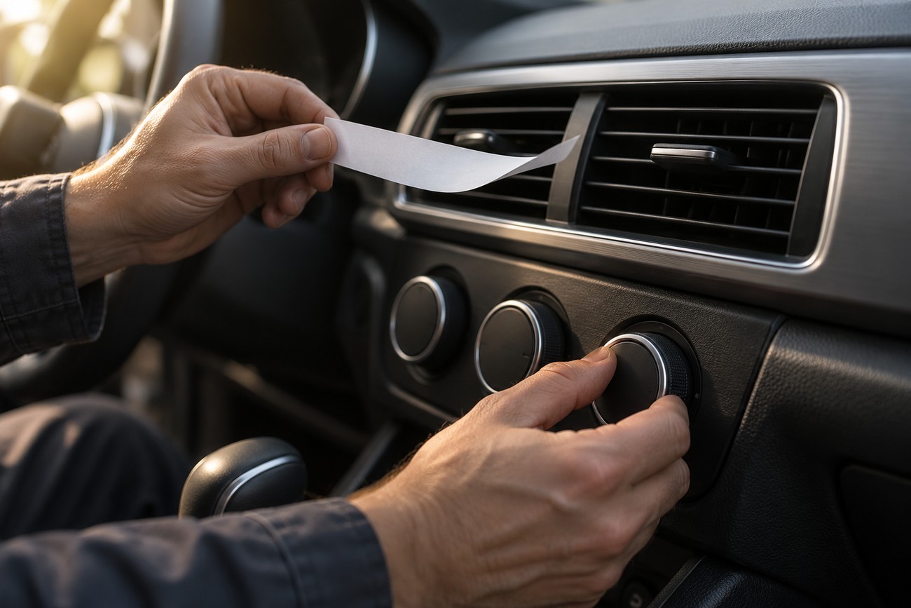 Mechanic testing airflow from a car dashboard vent with a paper strip and adjusting the fan control knob
