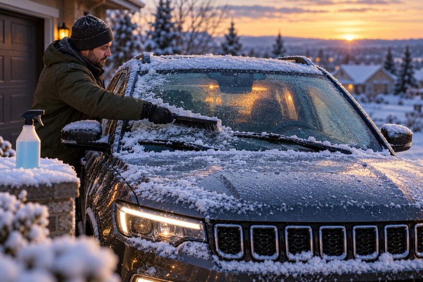 Man wearing a winter jacket and beanie scraping ice and snow from the windshield of a Jeep Compass parked outside a house at sunrise