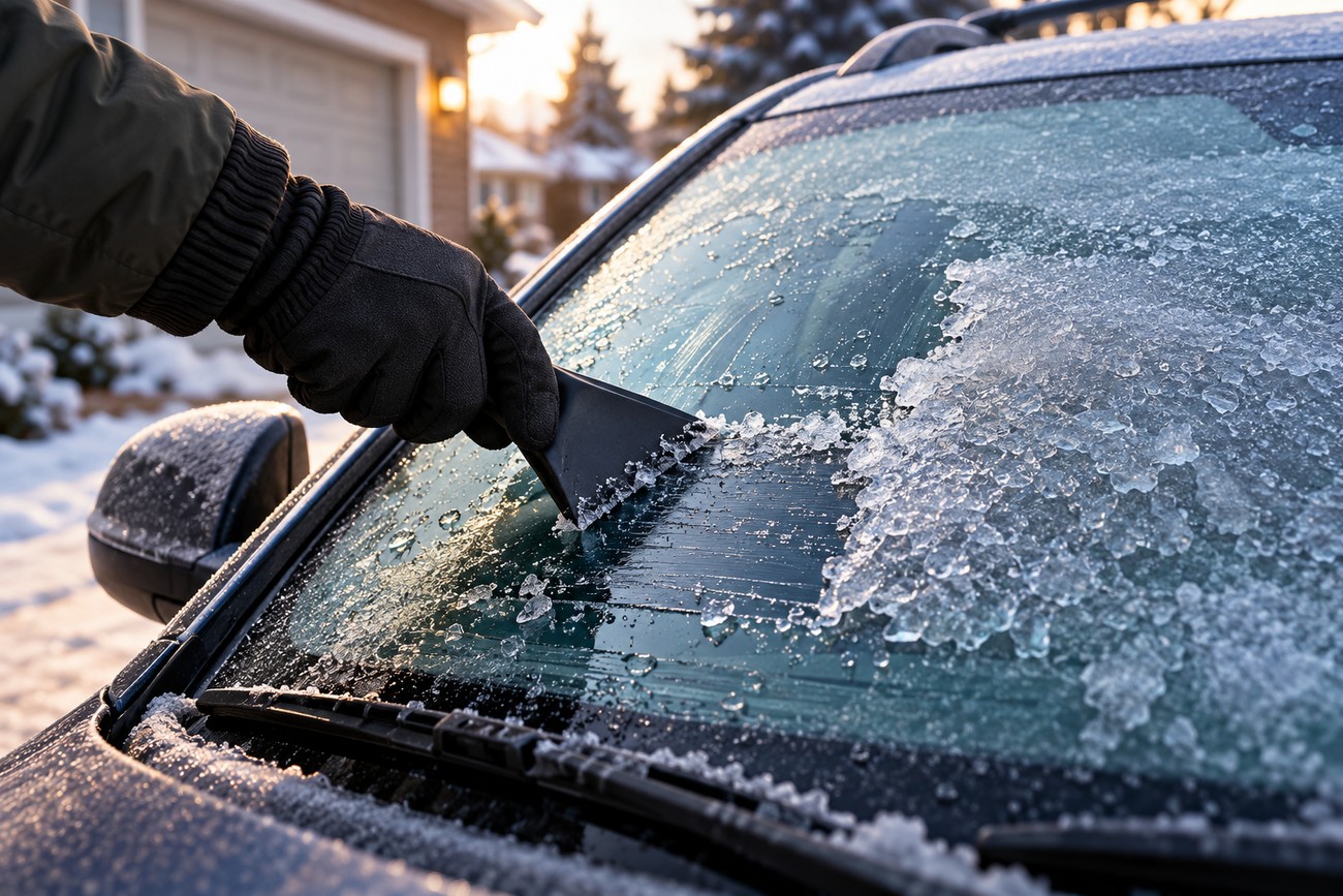 A person wearing a warm glove scraping thick ice off the frozen windshield of a Jeep Compass on a cold winter morning
