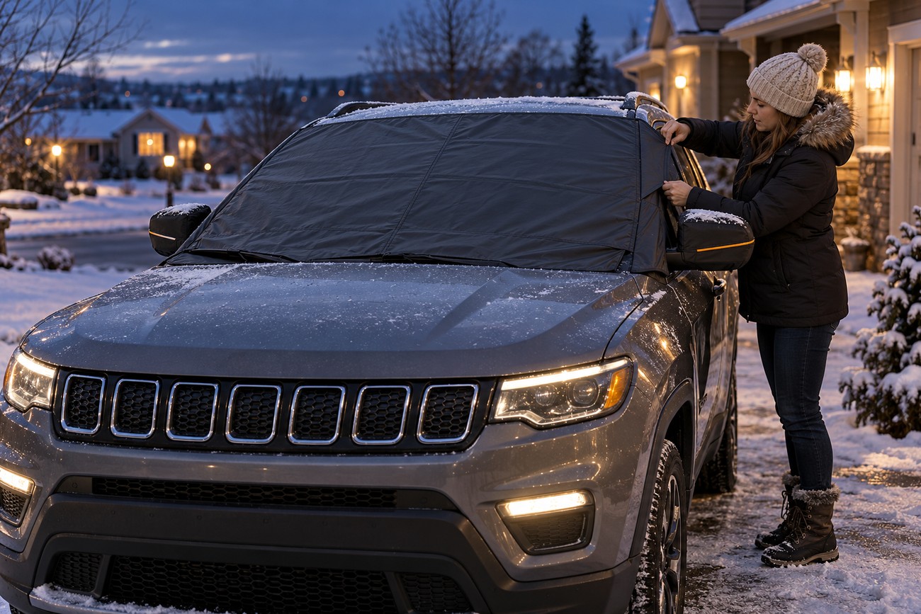A woman in a winter jacket putting a protective cover on the windshield of her grey Jeep Compass
