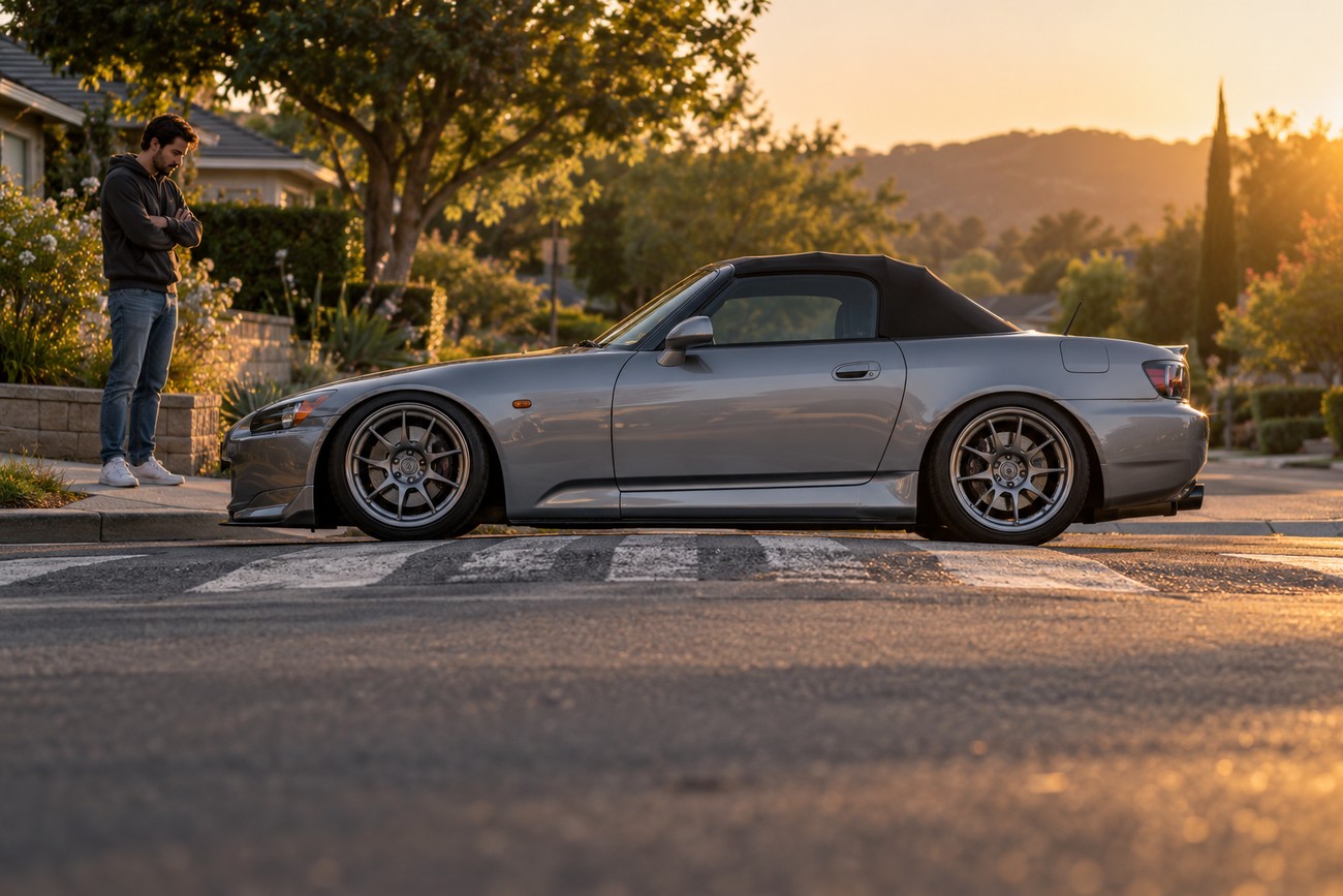A silver lowered Honda S2000 stuck on a humped road crossing with the owner standing on the sidewalk at sunset