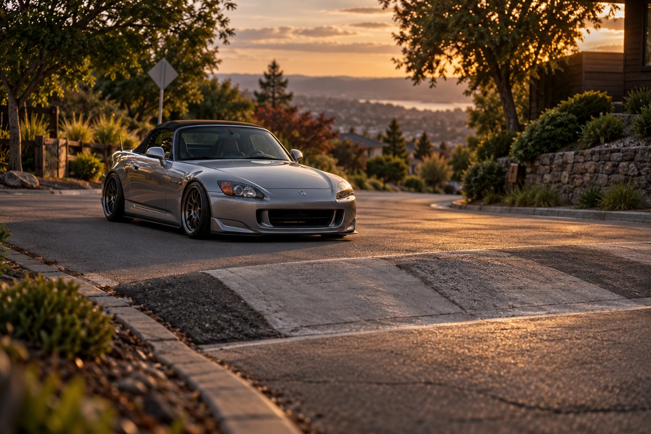 A silver lowered Honda S2000 convertible stalled right before a concrete speed bump on a suburban street at sunset