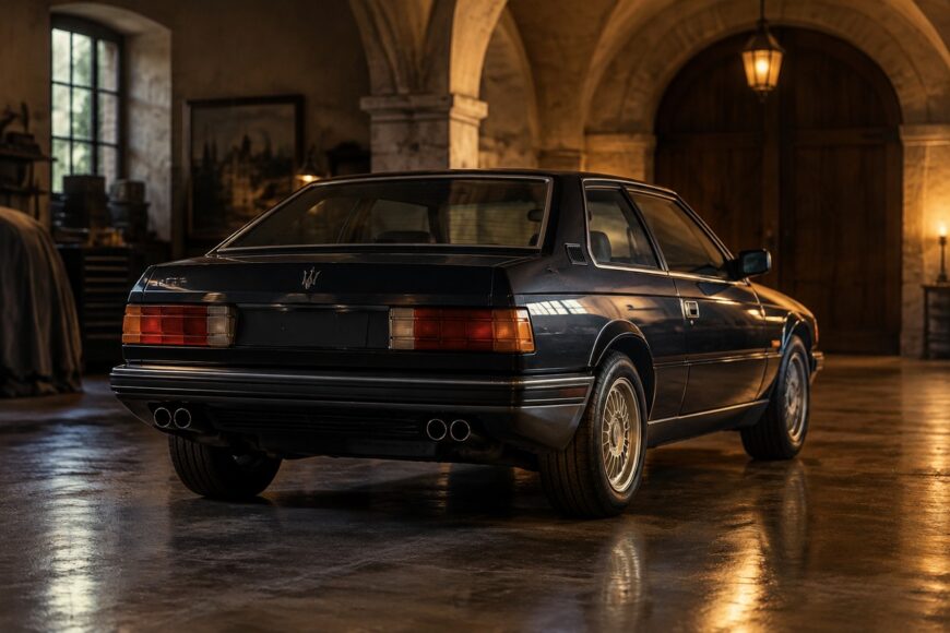 A classic dark blue Maserati Biturbo coupe parked on a polished concrete floor inside a vaulted garage with warm ambient lighting