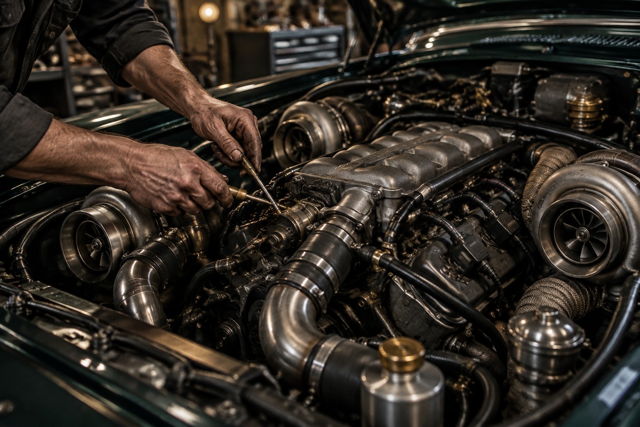 Mechanic working on the complex twin turbocharged engine of a classic Maserati Biturbo in a workshop