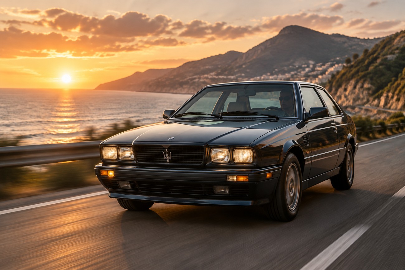 A dark classic Maserati Biturbo coupe driving on a coastal highway during a scenic sunset