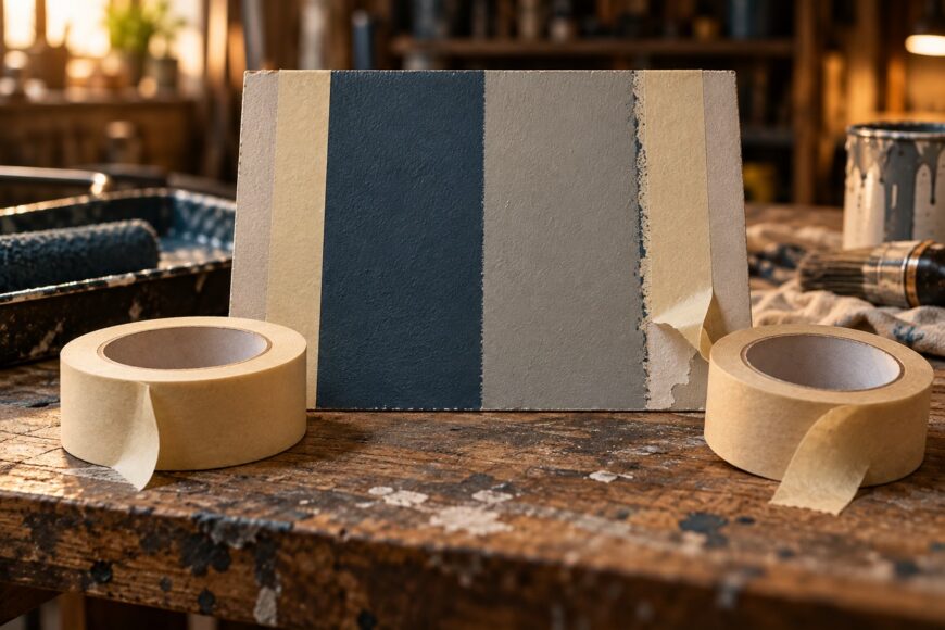 Two rolls of masking tape and a painted test panel with peeling tape on a wooden workbench in a workshop