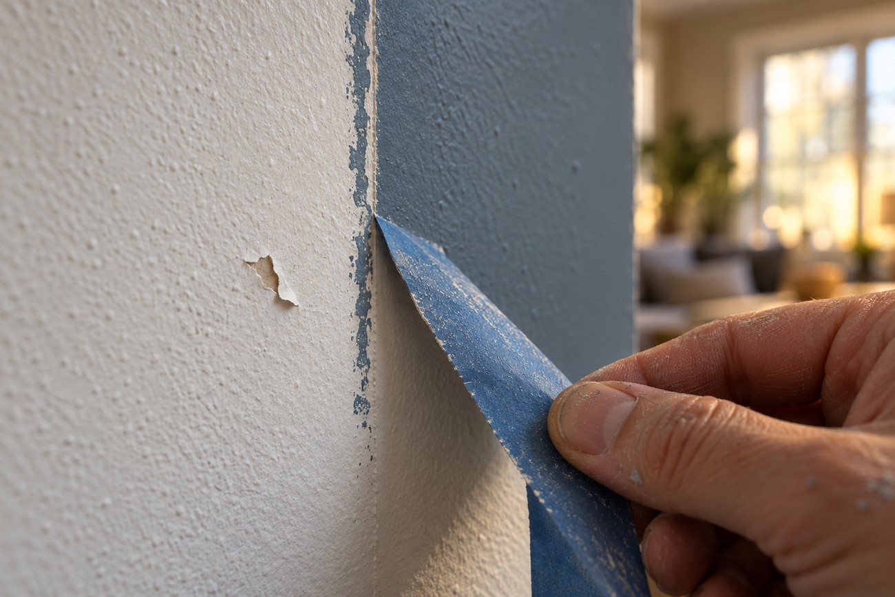 Close-up of a hand carefully peeling blue masking tape off a textured painted wall