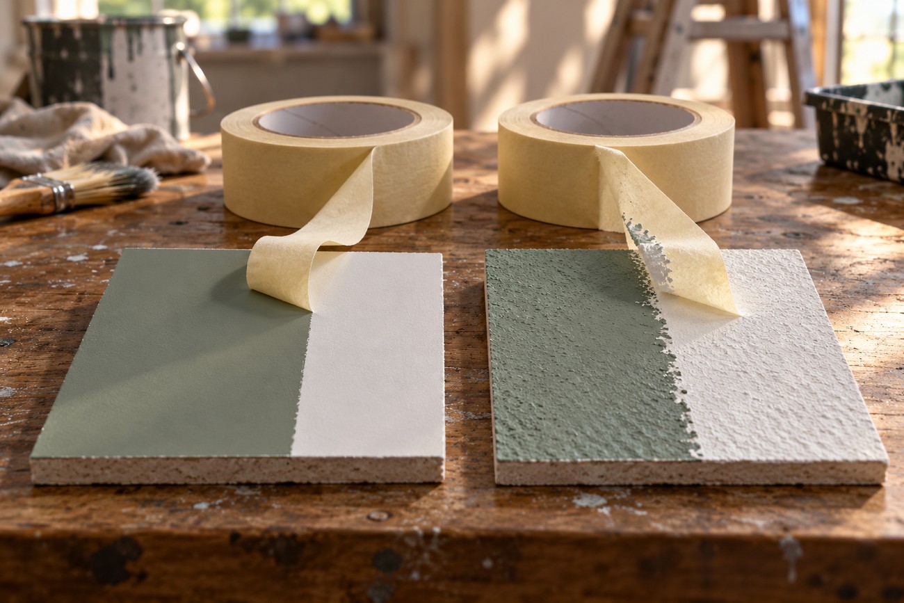 Two rolls of masking tape being peeled off painted test boards on a wooden workbench
