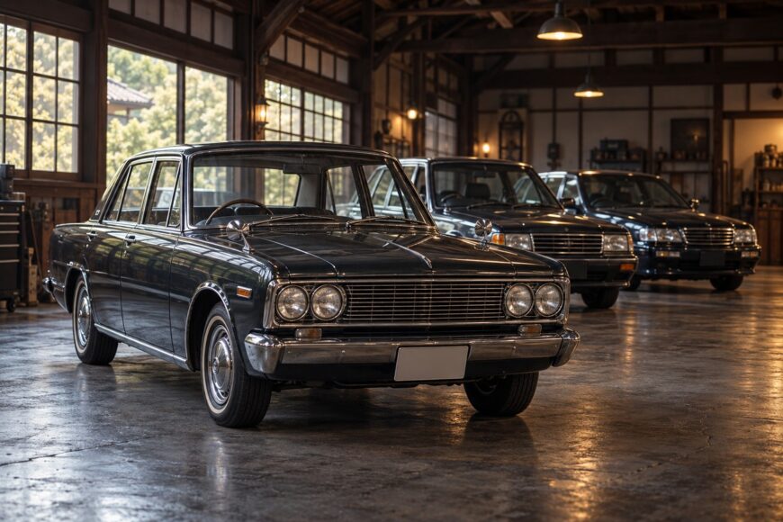 Three generations of classic dark Mitsubishi Debonair sedans parked in a row inside a vintage wooden garage