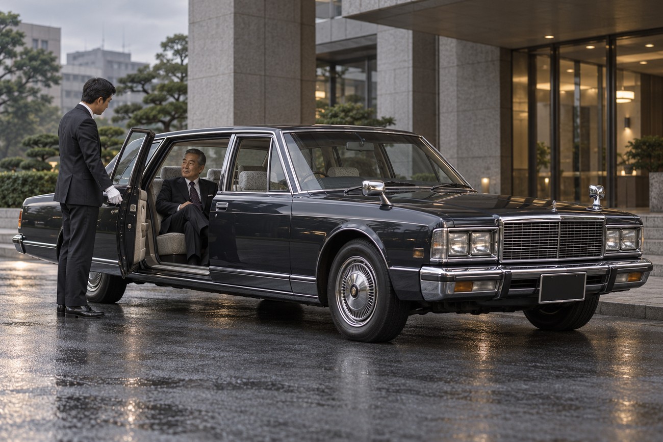 An elderly businessman seated inside a classic dark Mitsubishi Debonair luxury sedan with a chauffeur holding the open door