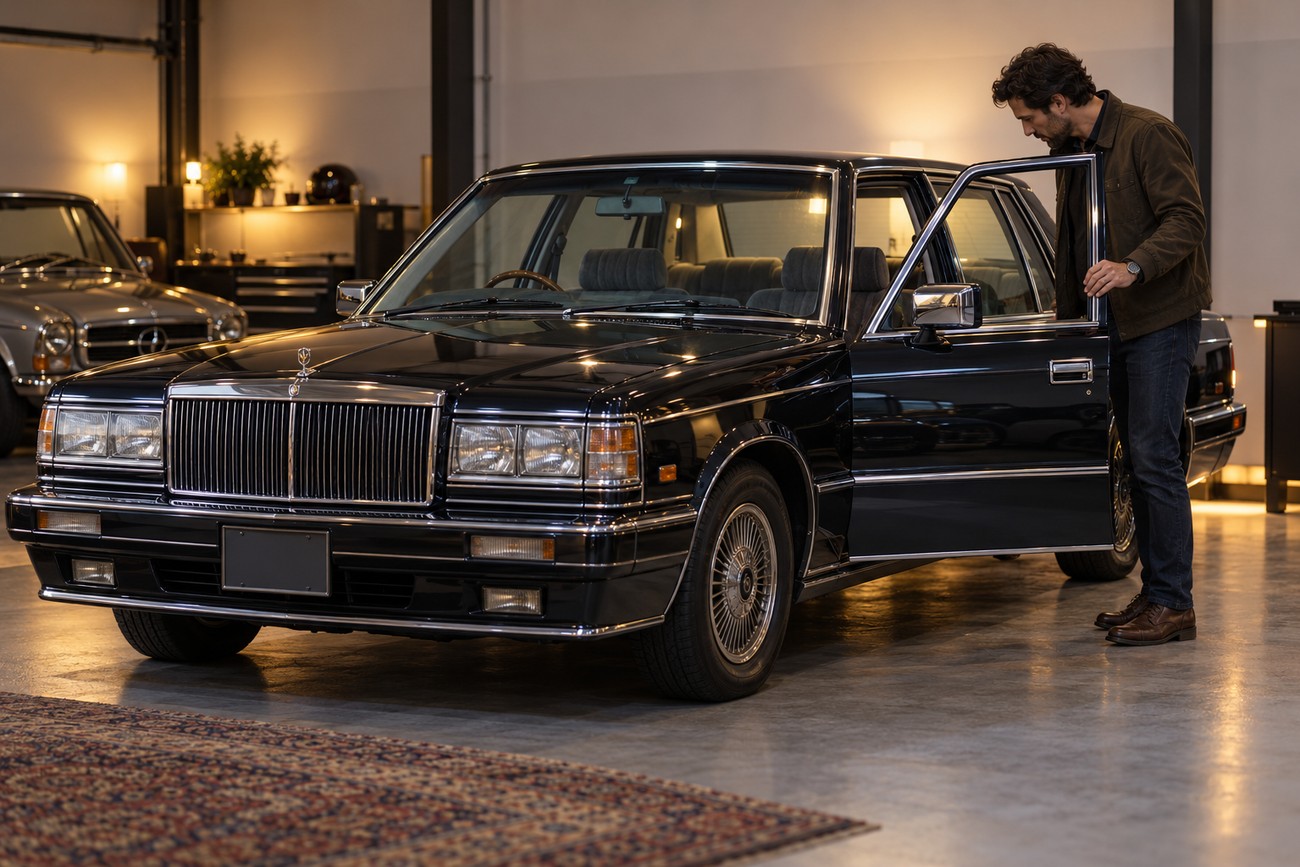 A man in a jacket opening the rear door of a classic black Mitsubishi Debonair sedan inside a brightly lit garage