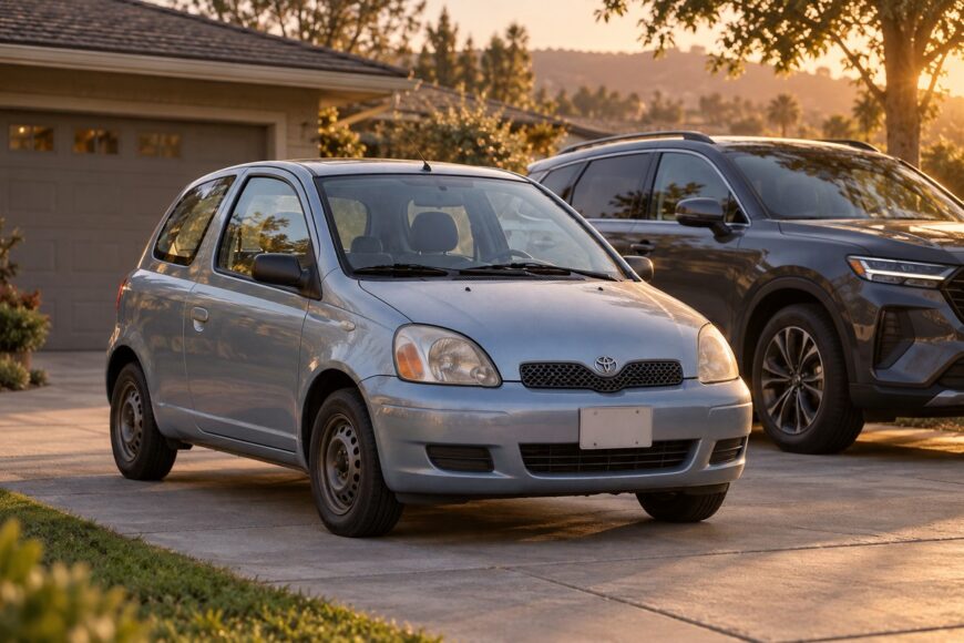 A light blue Toyota Echo two-door hatchback parked in a suburban driveway at sunset