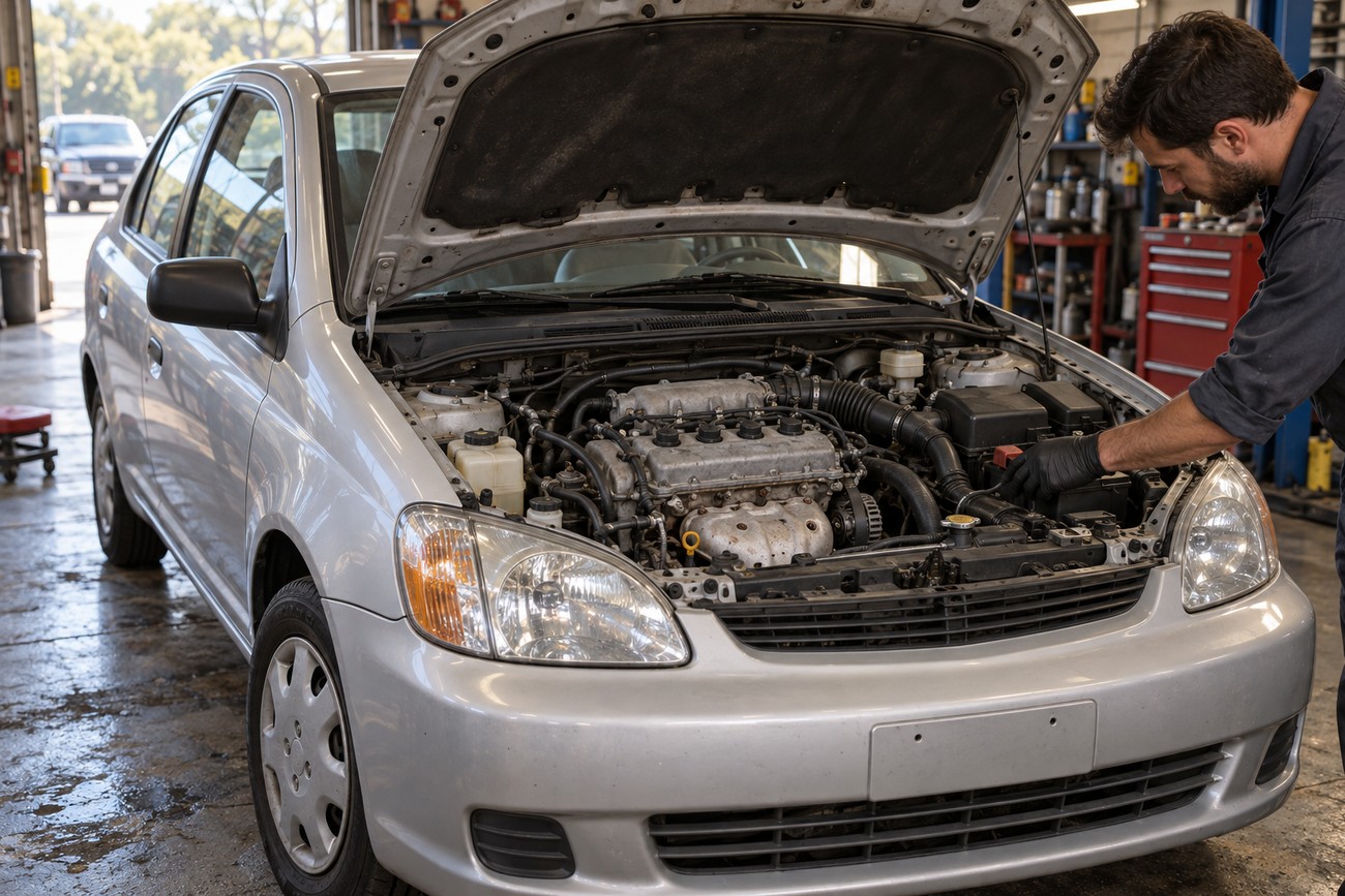 A male mechanic in a workshop inspecting the engine of a silver Toyota Echo with the hood open