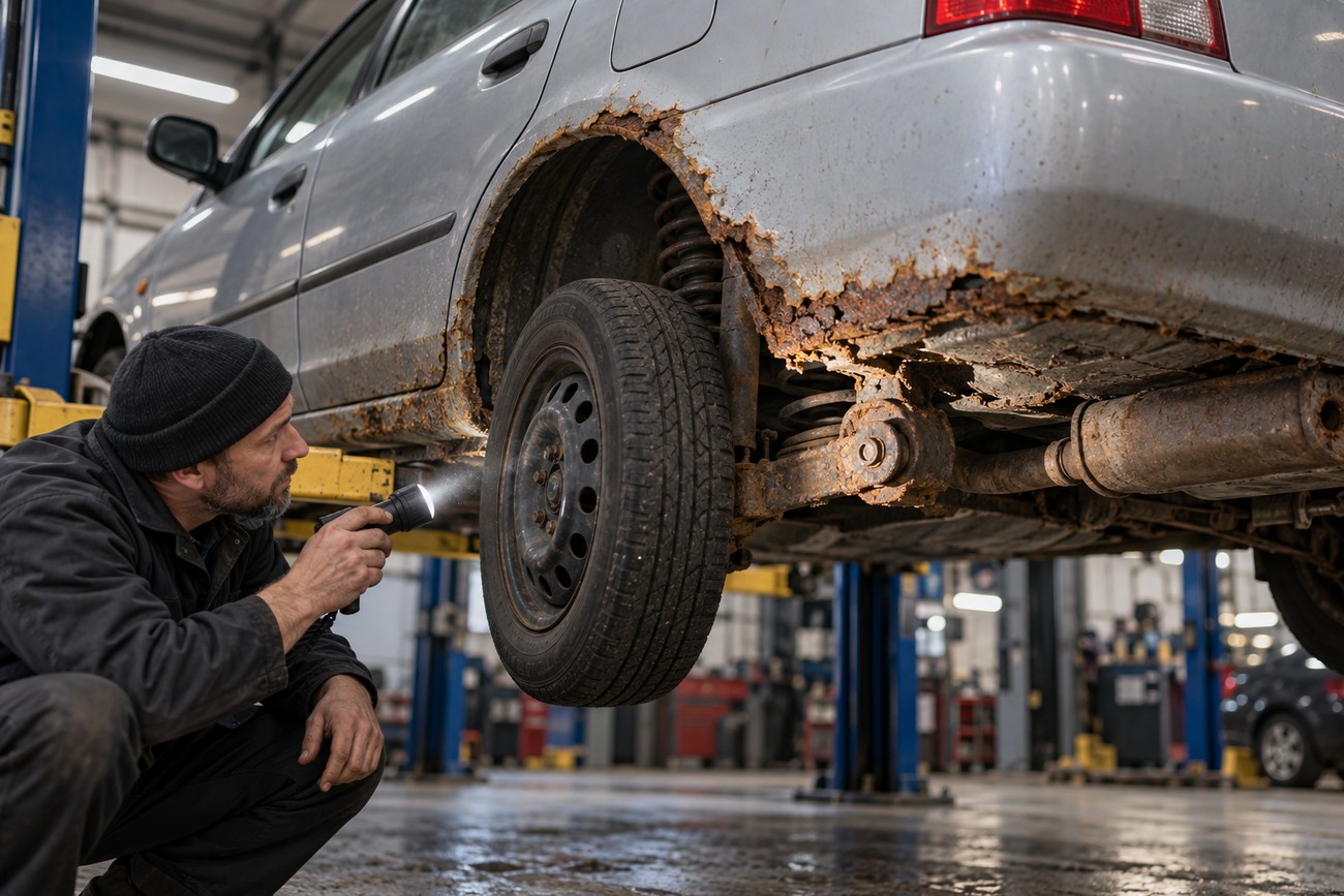A mechanic in a beanie inspects severe rust on the undercarriage of a silver Toyota Echo with a flashlight