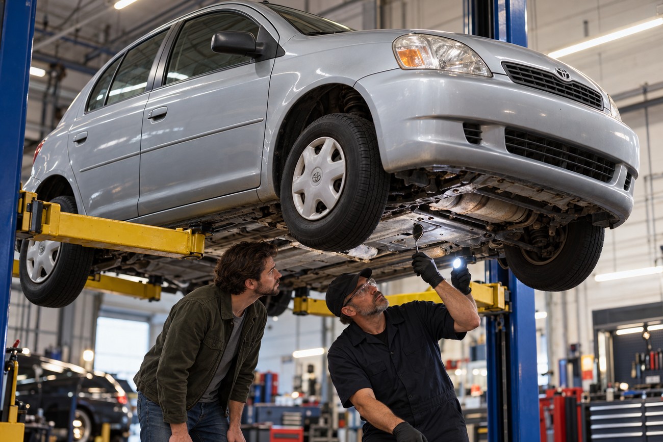 A mechanic inspecting the undercarriage of a silver Toyota Echo raised on a lift in an auto repair shop while a man looks on