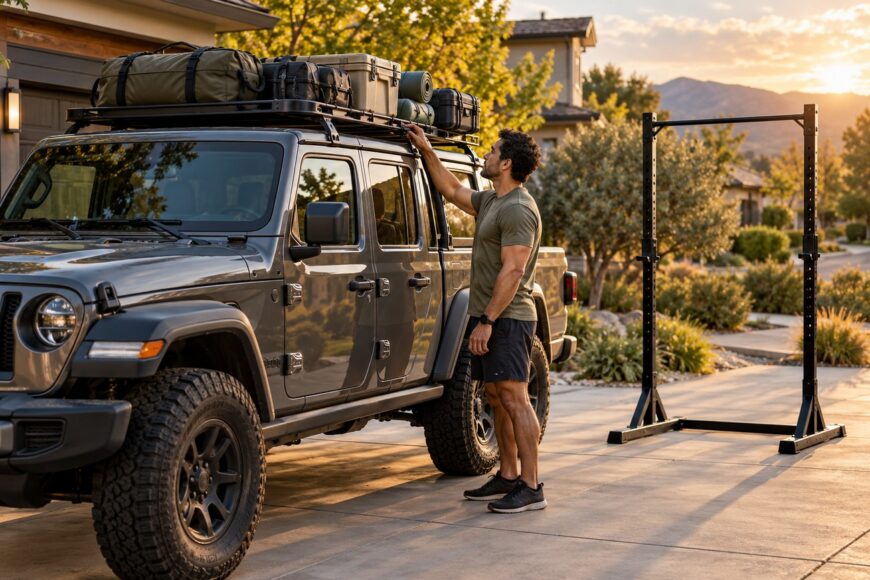 An athletic man standing beside a gray Jeep Gladiator with a packed roof rack in a residential driveway at sunset