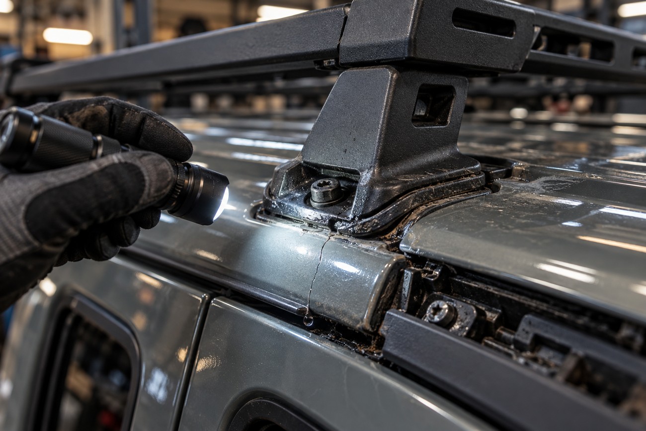 A gloved hand uses a flashlight to inspect a crack near the mounting bracket of a Jeep Gladiator roof rack