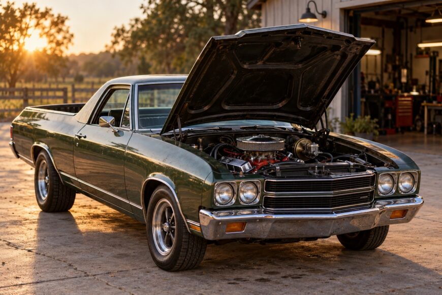 Dark green Chevrolet El Camino SS 454 with open hood revealing its powerful big-block engine parked outside a garage at sunset