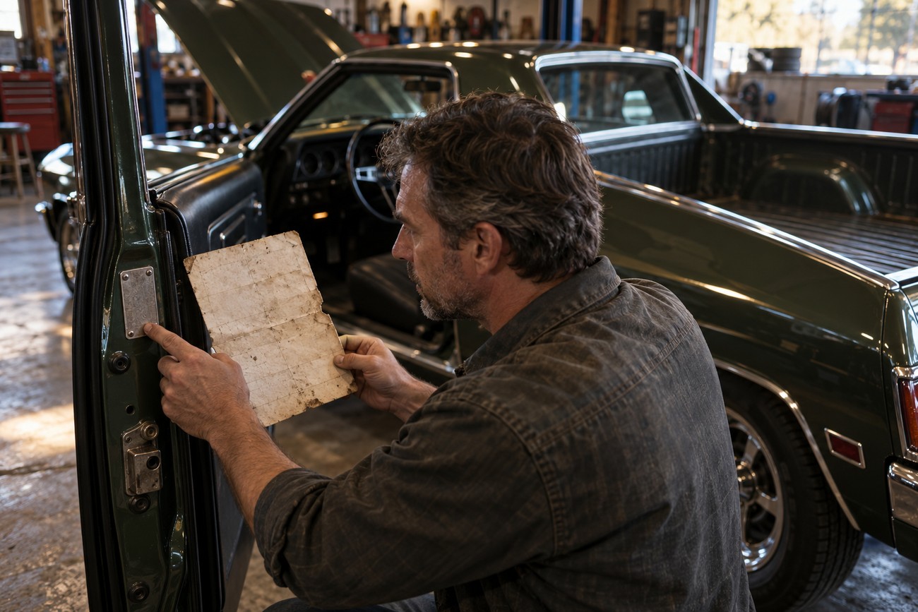 Mechanic examining a vintage El Camino SS 454 in a garage while holding an old document